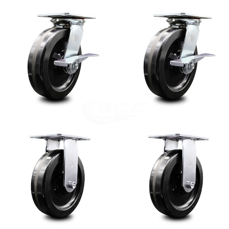 Service Caster 8 Inch Phenolic Caster Set with Roller Bearing 2 Brakes and 2 Rigid SCC SCC-35S820-PHR-SLB-2-R-2
